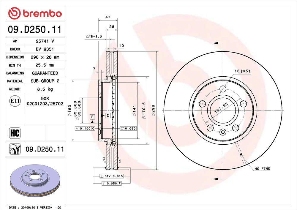 Brzdový kotouč BREMBO 09.D250.11 – OE 31423722