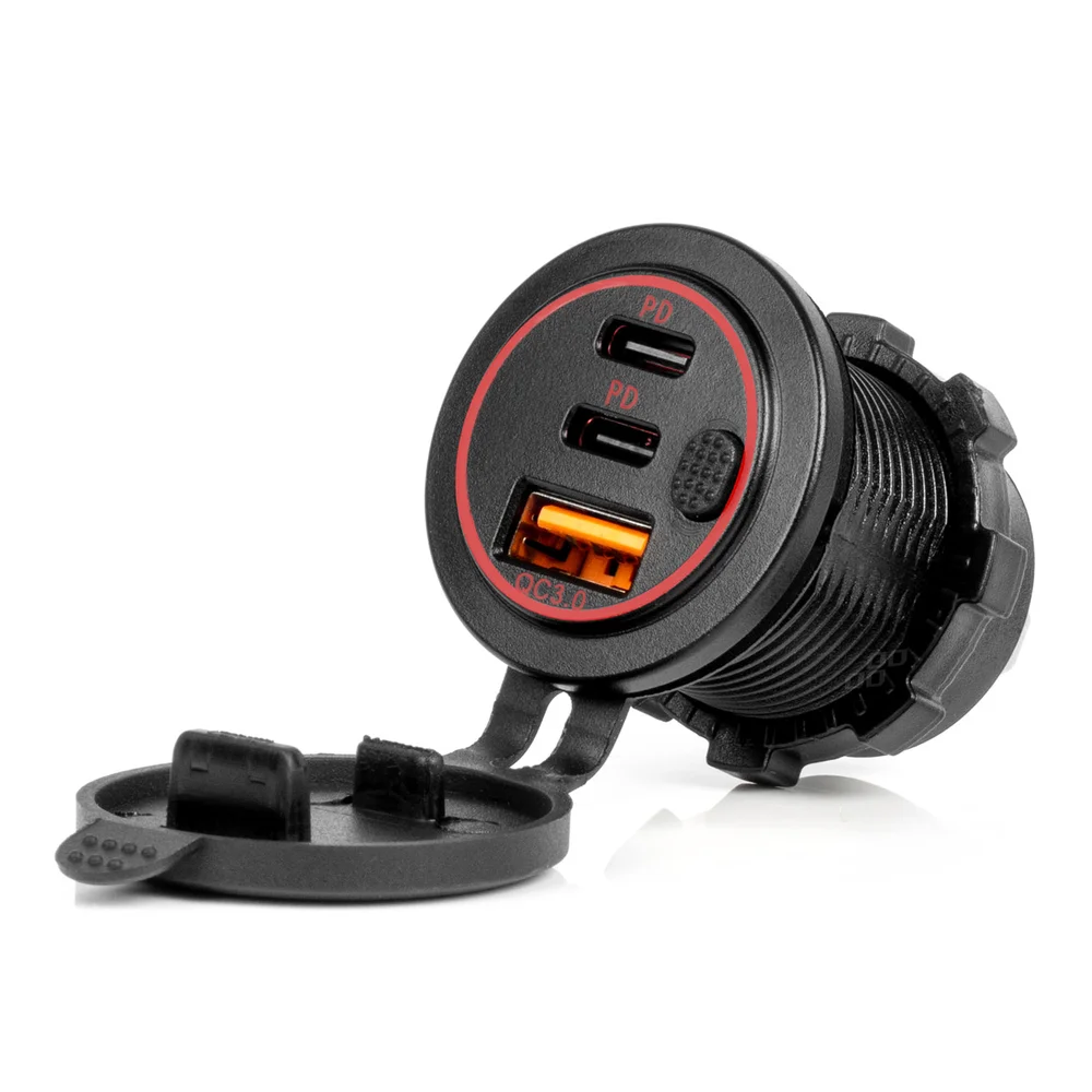 Vodotěsná nabíječka telefonu s vypínačem ČERVENÉ LED podsvícení USB + 2xUSB C QC3.0 12/24V AMiO-0422 04227